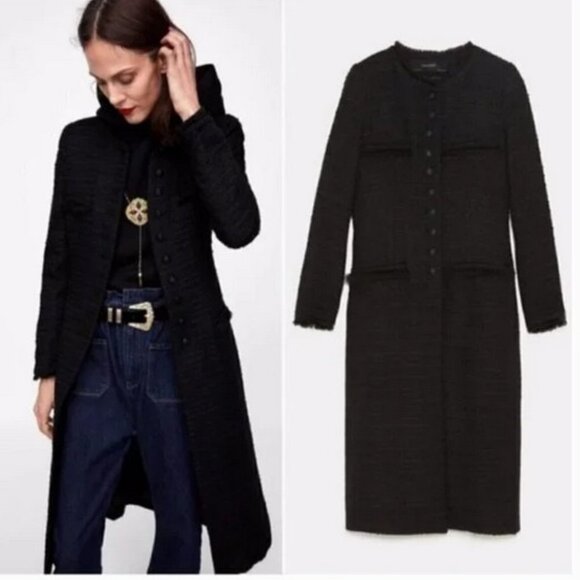 Zara Black Tweed Military Style Long Top Coat, NWOT, M - Picture 2 of 15